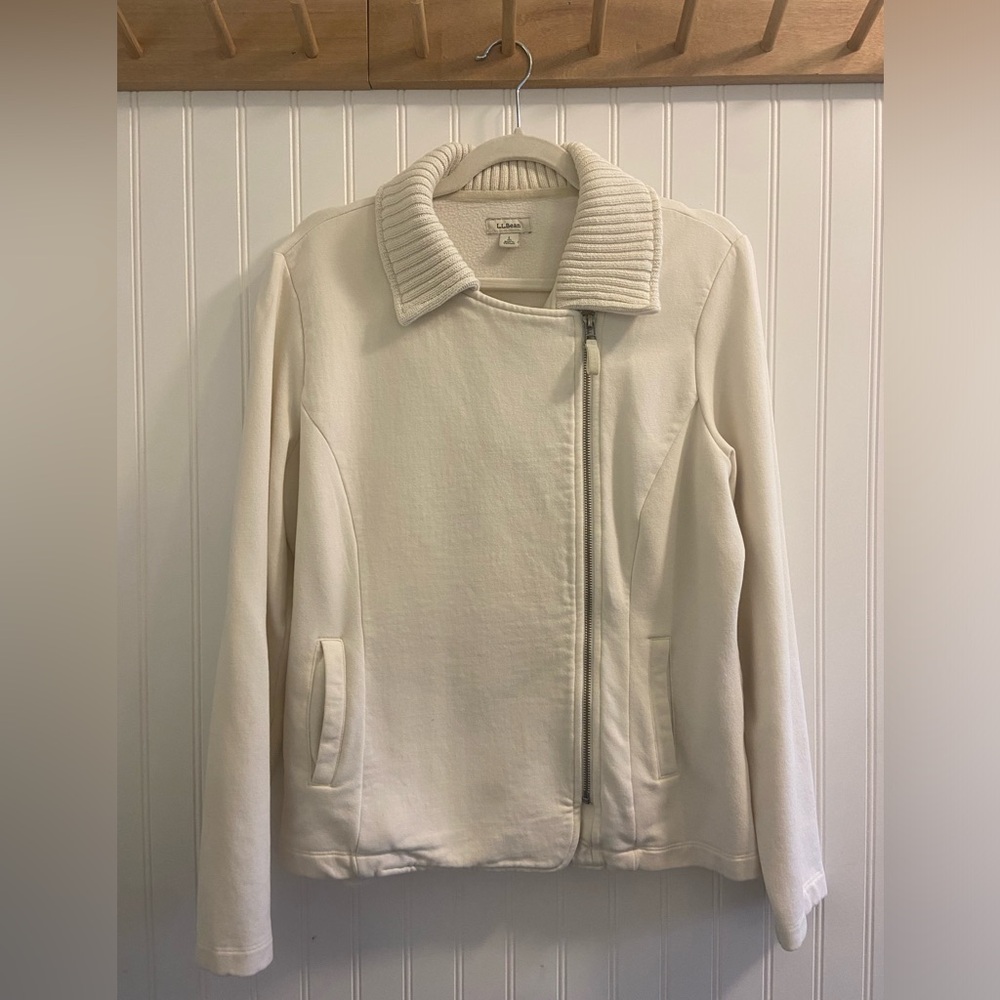 L.L. Bean Full Zip Sweatshirt Long Sleeve Knit Collar Ivory White Soft Warm L